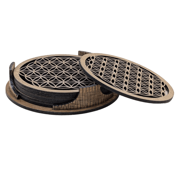 Ensemble de 6 sous-verres en bois "Fleur de vie" avec support