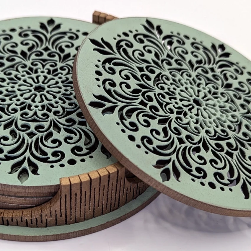 Coasters set - Wheel of Flowers - Cactus green - bronze finish - close-up