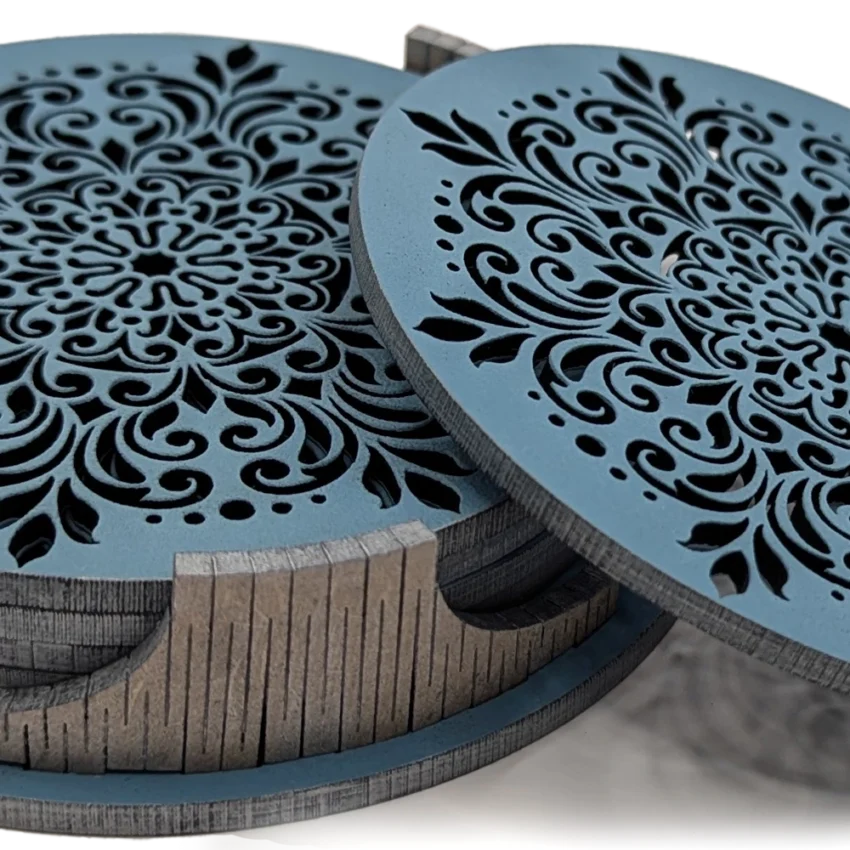 Coasters set - Wheel of Flowers - Sky blue Silver finish - close-up