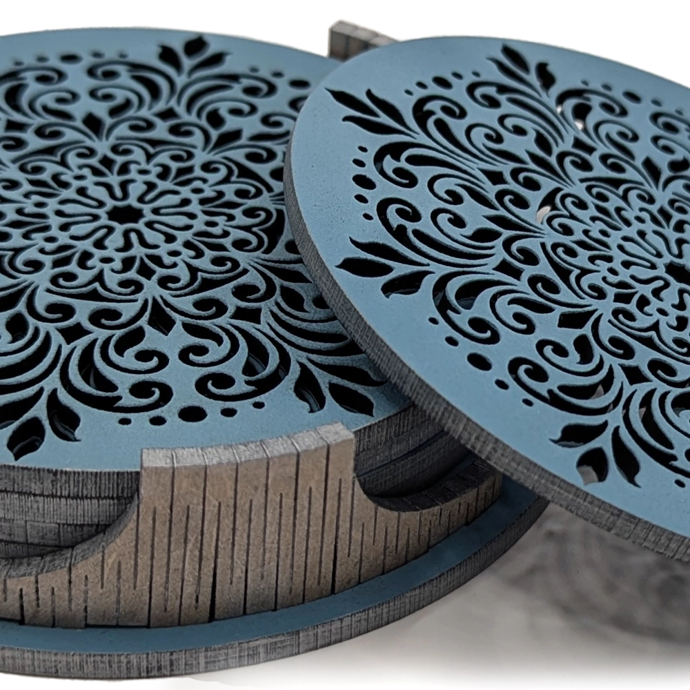 Coasters set - Wheel of Flowers - Sky blue Silver finish - close-up