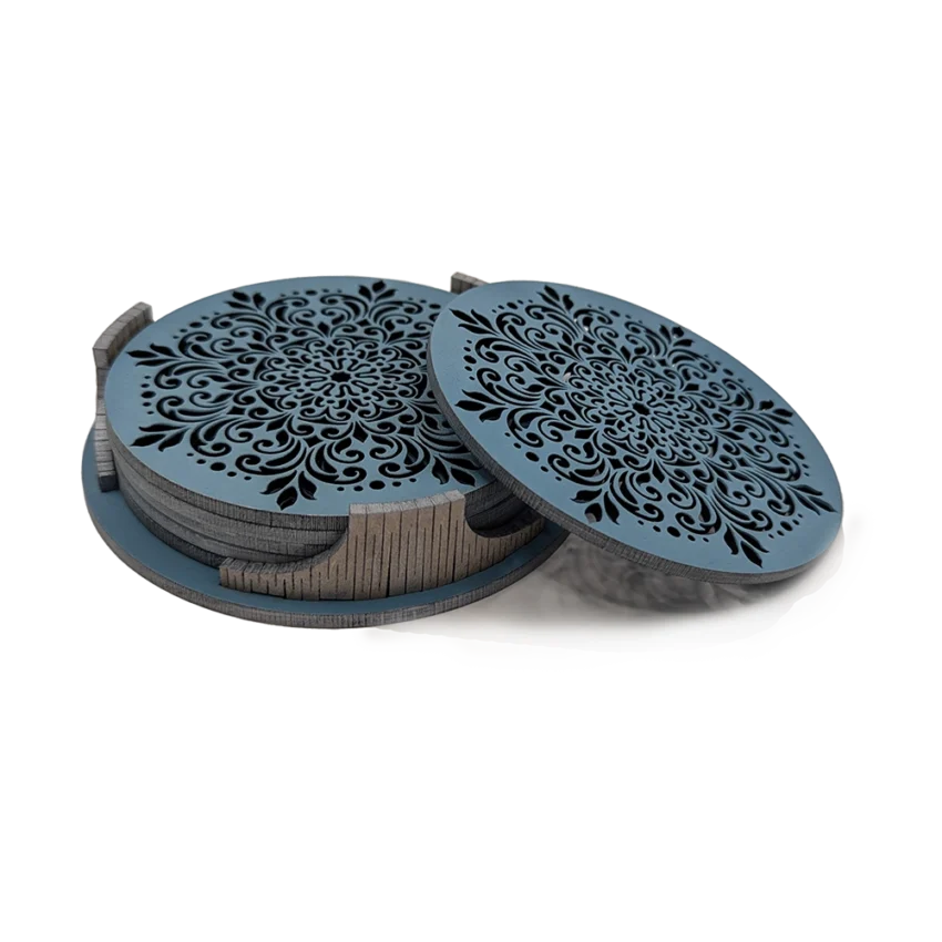 Coasters set - Wheel of Flowers - Sky blue Silver finish - main