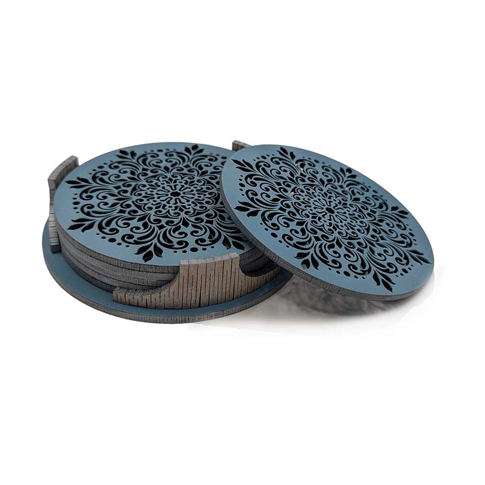 Coasters set - Wheel of Flowers - Sky blue Silver finish - main
