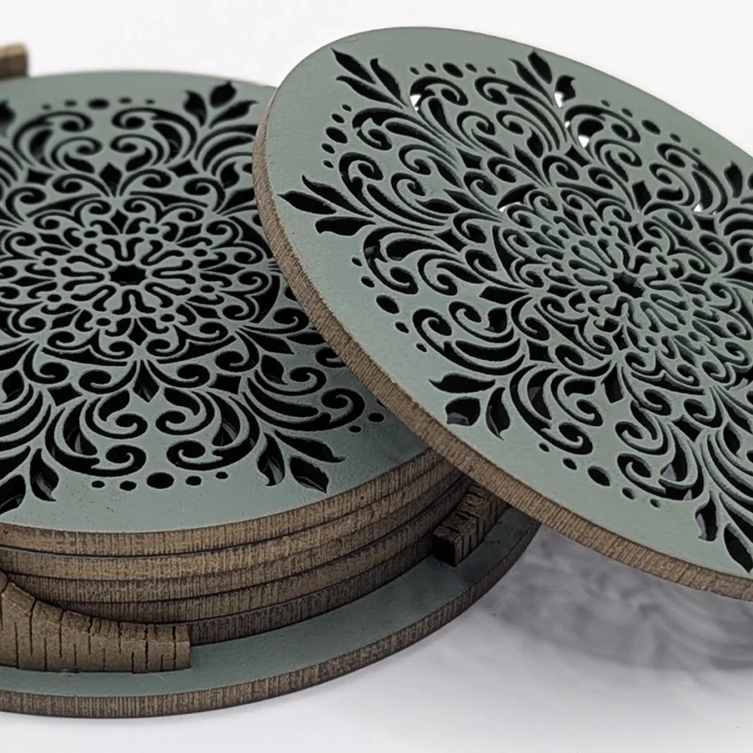 Untersetzer Set - Blumenrad - Fichte Grün Bronze Finish - Nahaufnahme